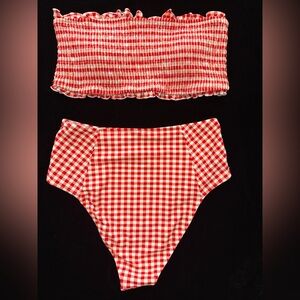 Cupshe Red and White Gingham Smocked Bandeau Bikini Set